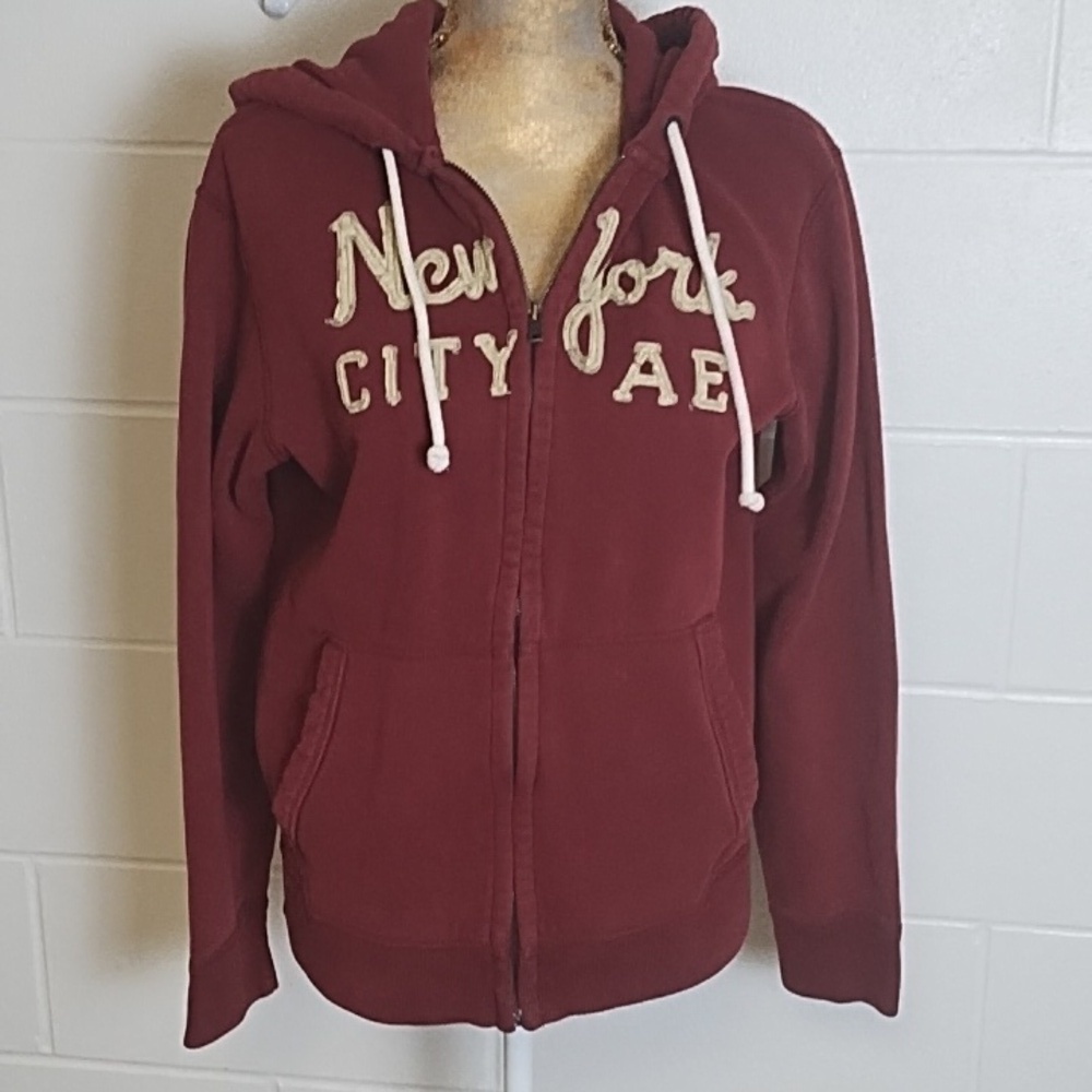 Vintage New York City American Eagle Zip Front Burgundy Soft Hoodie Sweatshirt